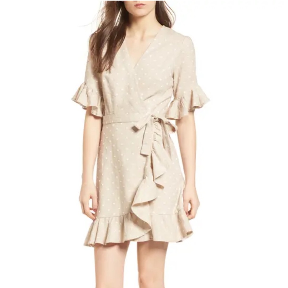 Wayf Natural Linen Dotted Ruffle Wrap Dress, Small